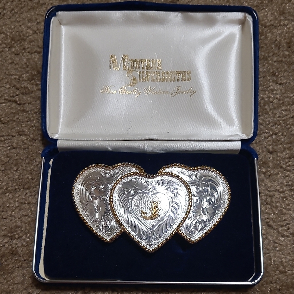 Vintage Montana Silversmiths Silver and Gold Heart Trio Brooch With The Letter J